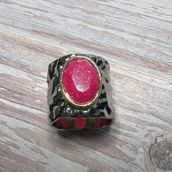 Wide Band Ring with Pink Oval Resin Stone - Picture 4 of 6